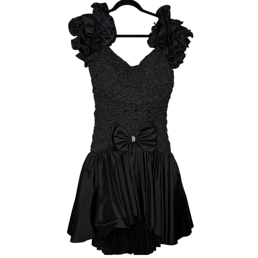 Vintage Night Way 80s Black Rosette Ruffle Bow Costume Prom Party Dress Size 8